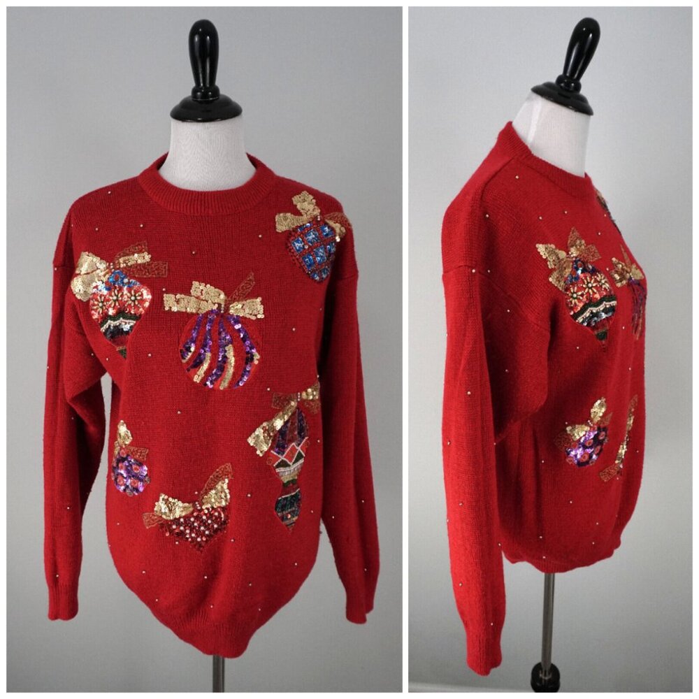 Silverleaf Womens Red Sequin Wool Blend Ornament Christmas Sweater Size Large
